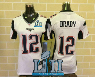 Women's New England Patriots #12 Tom Brady NEW White Road Stitched 2018 Super Bowl LII Patch NFL Nike Game Jersey