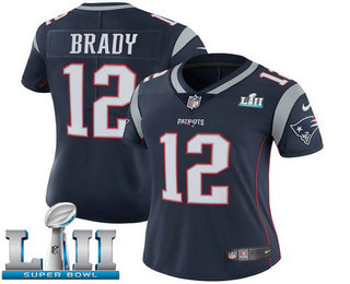 Women's New England Patriots #12 Tom Brady Navy Blue 2018 Super Bowl LII Patch Vapor Untouchable Stitched NFL Nike Limited Jersey