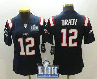 Women's New England Patriots #12 Tom Brady Navy Blue 2019 Super Bowl LIII Patch Color Rush Stitched NFL Nike Limited Jersey