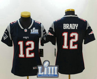 Women's New England Patriots #12 Tom Brady Navy Blue 2019 Super Bowl LIII Patch Vapor Untouchable Stitched NFL Nike Limited Jersey