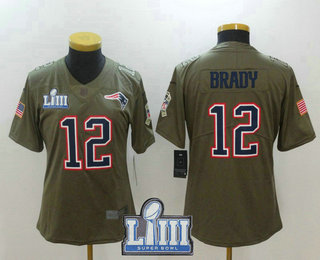 Women's New England Patriots #12 Tom Brady Olive 2019 Super Bowl LIII Patch Salute To Service Stitched NFL Nike Limited Jersey