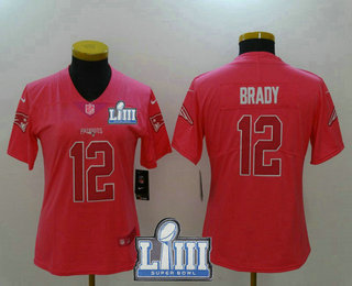 Women's New England Patriots #12 Tom Brady Pink Fashion 2019 Super Bowl LIII Patch Rush NFL Nike Limited Jersey