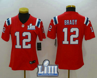 Women's New England Patriots #12 Tom Brady Red 2019 Super Bowl LIII Patch Vapor Untouchable Stitched NFL Nike Limited Jersey