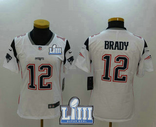 Women's New England Patriots #12 Tom Brady White 2019 Super Bowl LIII Patch Vapor Untouchable Stitched NFL Nike Limited Jersey