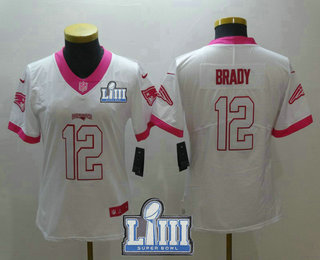 Women's New England Patriots #12 Tom Brady White Pink 2019 Super Bowl LIII Patch Color Rush Fashion NFL Nike Limited Jersey