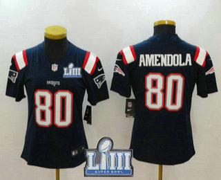 Women's New England Patriots #80 Danny Amendola Navy Blue 2019 Super Bowl LIII Patch Color Rush Stitched NFL Nike Limited Jersey