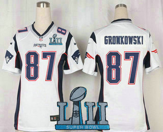 Women's New England Patriots #87 Rob Gronkowski NEW White Road 2018 Super Bowl LII Patch Stitched NFL Nike Game Jersey