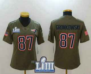 Women's New England Patriots #87 Rob Gronkowski Olive 2019 Super Bowl LIII Patch Salute To Service Stitched NFL Nike Limited Jersey