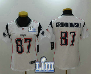 Women's New England Patriots #87 Rob Gronkowski White 2019 Super Bowl LIII Patch Vapor Untouchable Stitched NFL Nike Limited Jersey