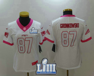 Women's New England Patriots #87 Rob Gronkowski White Pink 2019 Super Bowl LIII Patch Color Rush Fashion NFL Nike Limited Jersey