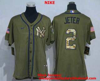 Women's New York Yankees #2 Derek Jeter Green Salute To Service Stitched MLB Cool Base Nike Jersey