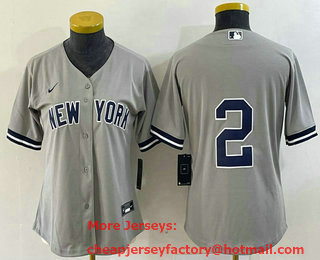 Women's New York Yankees #2 Derek Jeter Grey No Name Stitched Cool Base Jersey