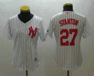Women's New York Yankees #27 Giancarlo Stanton White With Pink Mother's Day Stitched MLB Cool Base Jersey