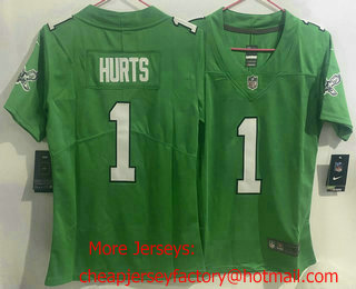 Women's Philadelphia Eagles #1 Jalen Hurts Green 2023 FUSE Vapor Limited Throwback Stitched Jersey