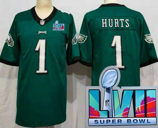 Women's Philadelphia Eagles #1 Jalen Hurts Limited Green Super Bowl LVII Vapor Jersey