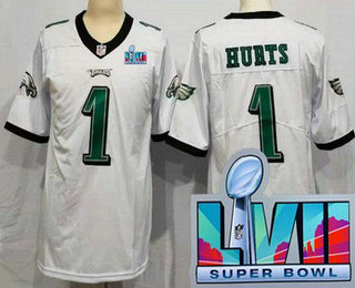 Women's Philadelphia Eagles #1 Jalen Hurts Limited White Super Bowl LVII Vapor Jersey