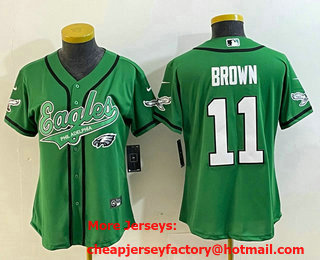 Women's Philadelphia Eagles #11 AJ Brown Green Cool Base Stitched Baseball Jersey 02