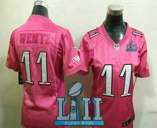 Women's Philadelphia Eagles #11 Carson Wentz Pink Love 2018 Super Bowl LII Patch Stitched NFL Nike Fashion Jersey