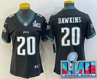 Women's Philadelphia Eagles #20 Brian Dawkins Black Super Bowl LVII Patch Vapor Untouchable Limited Stitched Jersey