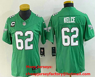 Women's Philadelphia Eagles #62 Jason Kelce Green C Patch 2023 FUSE Vapor Limited Throwback Stitched Jersey