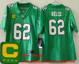 Women's Philadelphia Eagles #62 Jason Kelce Limited Kelly Green C Patch Vapor Jersey