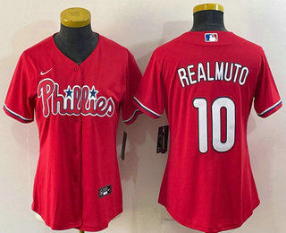 Women's Philadelphia Phillies #10 JT Realmuto Red Stitched MLB Cool Base Nike Jersey