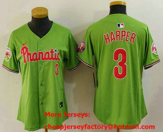 Women's Philadelphia Phillies #3 Bryce Harper Green With Patch Stitched Cool Base Nike Jersey