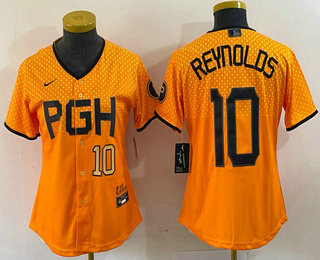 Women's Pittsburgh Pirates #10 Bryan Reynolds Number Yellowd 2023 City Connect Stitched Jersey 01
