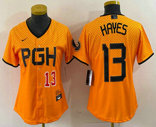 Women's Pittsburgh Pirates #13 KeBryan Hayes Number Yellow 2023 City Connect Stitched Jersey 01
