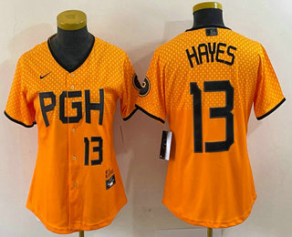 Women's Pittsburgh Pirates #13 KeBryan Hayes Number Yellow 2023 City Connect Stitched Jersey 02