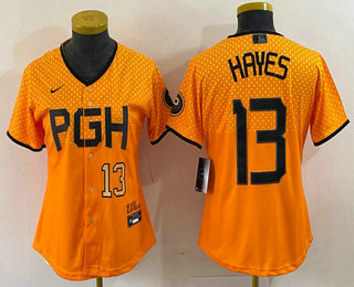 Women's Pittsburgh Pirates #13 KeBryan Hayes Number Yellow 2023 City Connect Stitched Jersey 03