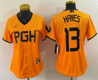 Women's Pittsburgh Pirates #13 KeBryan Hayes Yellow 2023 City Connect Stitched Jersey 02