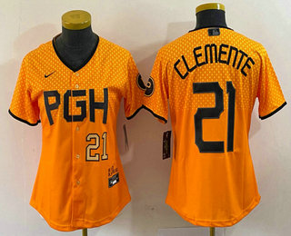Women's Pittsburgh Pirates #21 Roberto Clemente Number Yellow 2023 City Connect Stitched Jersey 01
