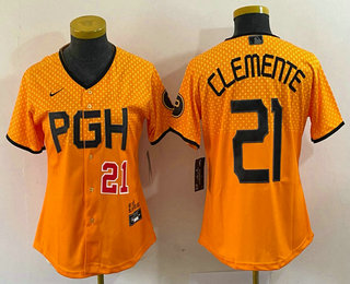 Women's Pittsburgh Pirates #21 Roberto Clemente Number Yellow 2023 City Connect Stitched Jersey 02