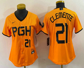 Women's Pittsburgh Pirates #21 Roberto Clemente Number Yellow 2023 City Connect Stitched Jersey 03