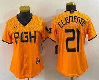 Women's Pittsburgh Pirates #21 Roberto Clemente Yellow 2023 City Connect Stitched Jersey 02
