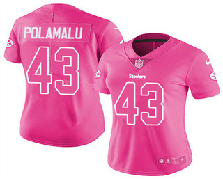Women's Pittsburgh Steelers 43 Troy Polamalu Pink Fashion 2017 Rush NFL Nike Limited Jersey