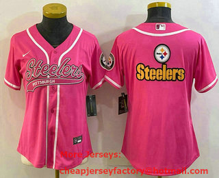 Women's Pittsburgh Steelers Pink Team Big Logo With Patch Cool Base Stitched Baseball Jersey
