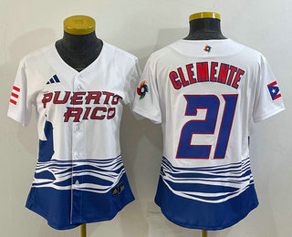 Women's Puerto Rico Baseball #21 Roberto Clemente 2023 White World Classic Stitched Jersey 03