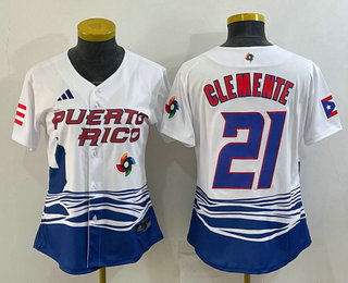 Women's Puerto Rico Baseball #21 Roberto Clemente 2023 White World Classic Stitched Jersey 04