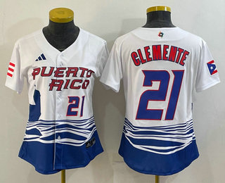 Women's Puerto Rico Baseball #21 Roberto Clemente Number 2023 White World Classic Stitched Jersey 01