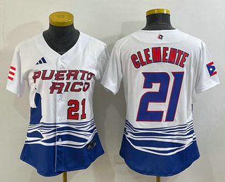 Women's Puerto Rico Baseball #21 Roberto Clemente Number 2023 White World Classic Stitched Jersey 02