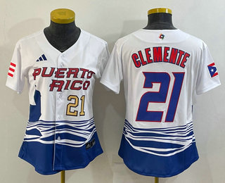 Women's Puerto Rico Baseball #21 Roberto Clemente Number 2023 White World Classic Stitched Jersey 06