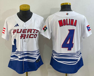 Women's Puerto Rico Baseball #4 Yadier Molina 2023 Red World Classic Stitched Jersey 01
