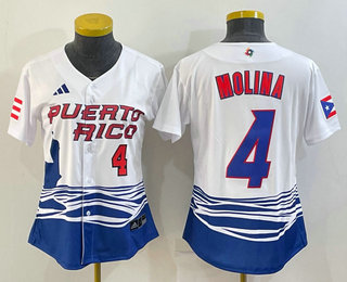 Women's Puerto Rico Baseball #4 Yadier Molina Number 2023 Red World Classic Stitched Jersey 01
