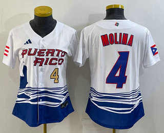 Women's Puerto Rico Baseball #4 Yadier Molina Number 2023 Red World Classic Stitched Jersey 02