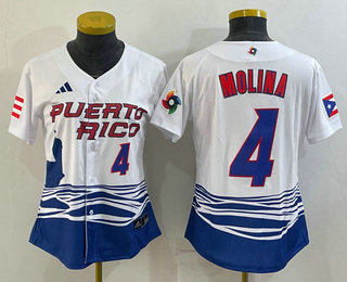 Women's Puerto Rico Baseball #4 Yadier Molina Number 2023 Red World Classic Stitched Jersey 03