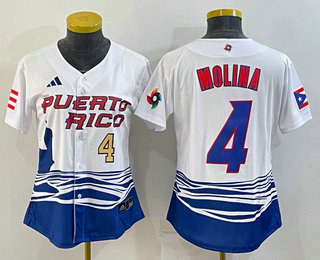 Women's Puerto Rico Baseball #4 Yadier Molina Number 2023 Red World Classic Stitched Jersey 04