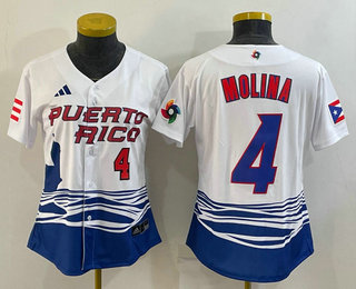Women's Puerto Rico Baseball #4 Yadier Molina Number 2023 Red World Classic Stitched Jersey 06