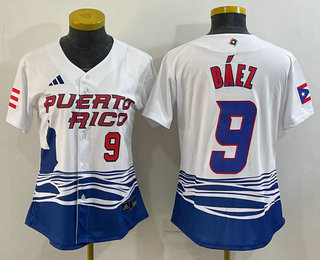 Women's Puerto Rico Baseball #9 Javier Baez Number White 2023 World Baseball Classic Stitched Jersey 03